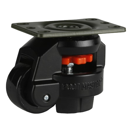 Foot Master Leveling Caster, 50 mm Nylon Wheel, 2-1/2 x 3-1/4 Plate, Swivel, 280 kg Cap, NBR Foot Pad, Black GD-60-F-NYN-FBL-PUS